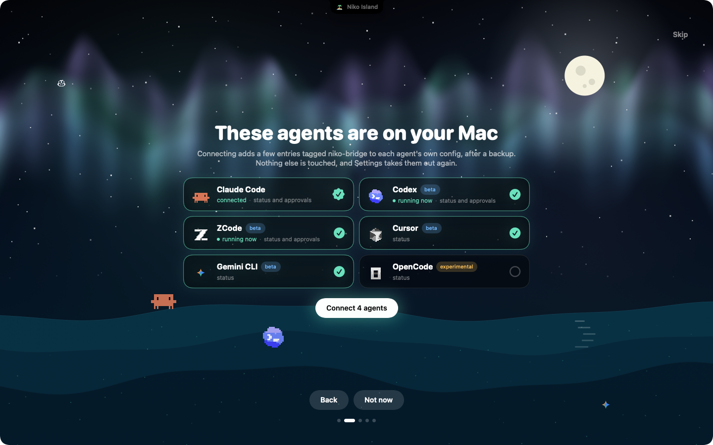 The welcome screen listing the agents found on this Mac with tick boxes and a Connect button