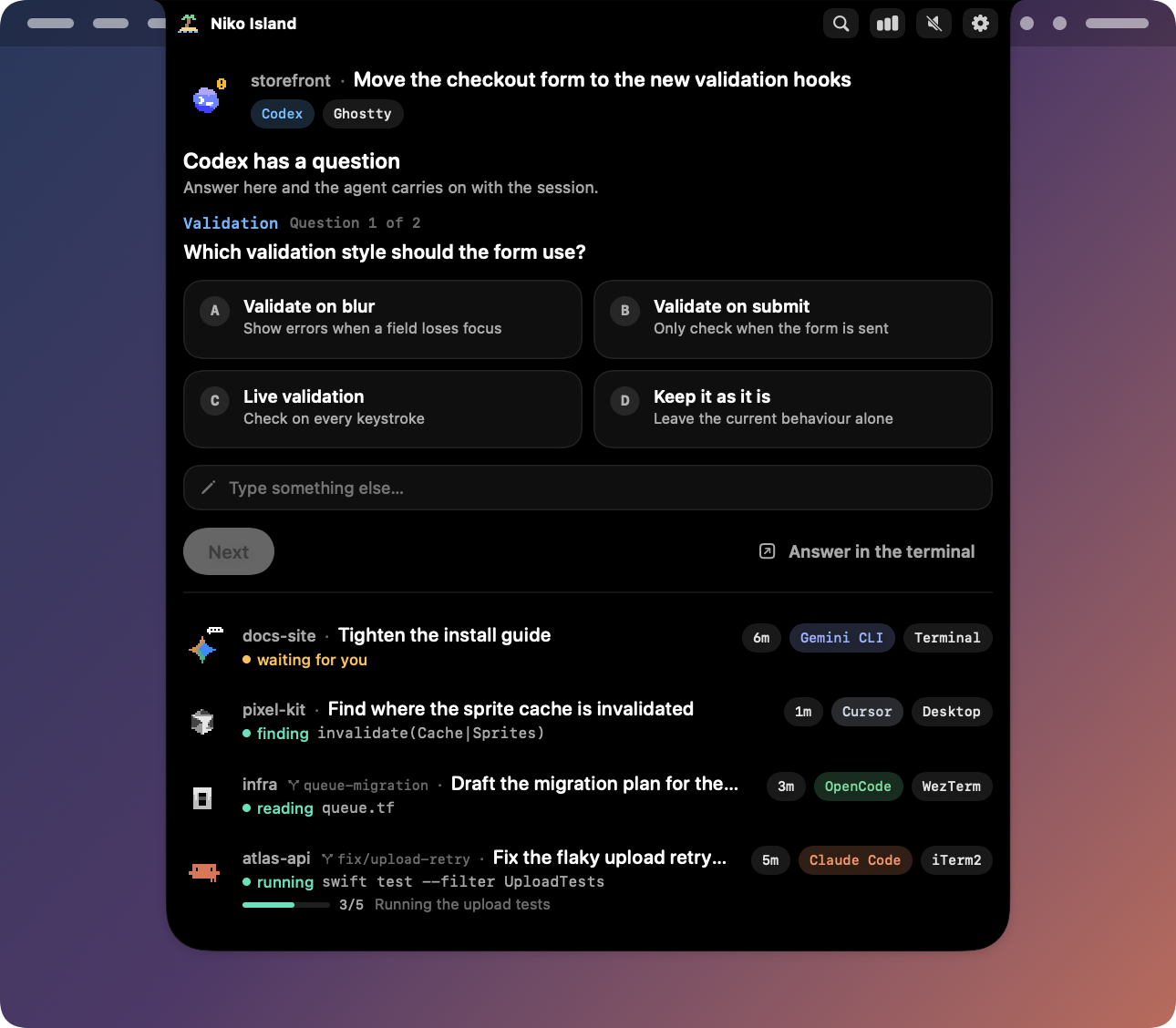 A question from an agent shown as four option tiles