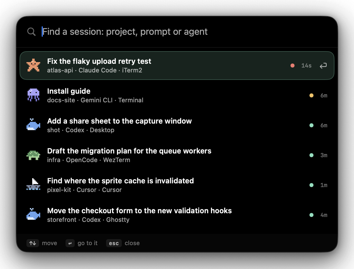 Native session search with sample projects, agent names and keyboard hints