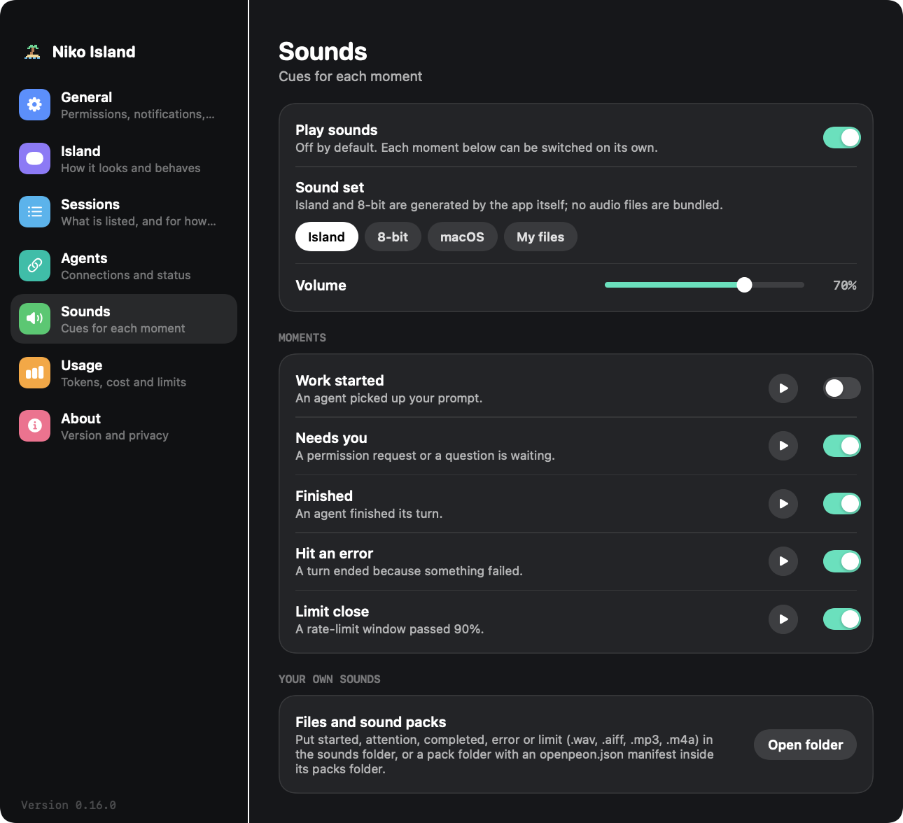 The Sounds page of the settings window